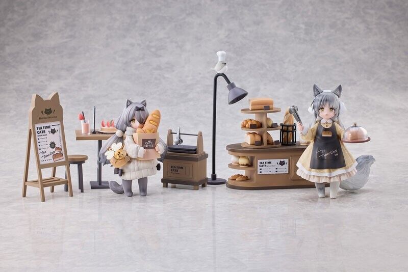 Tea Time Cats Scene Bread House Clerk & Customer Set Figure JAPAN OFFICIAL